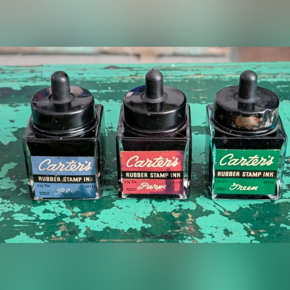 Vintage CARTER'S RUBBER STAMP INK 3 Bottles - Red, Green, Blue--1 1/4 oz Neat!